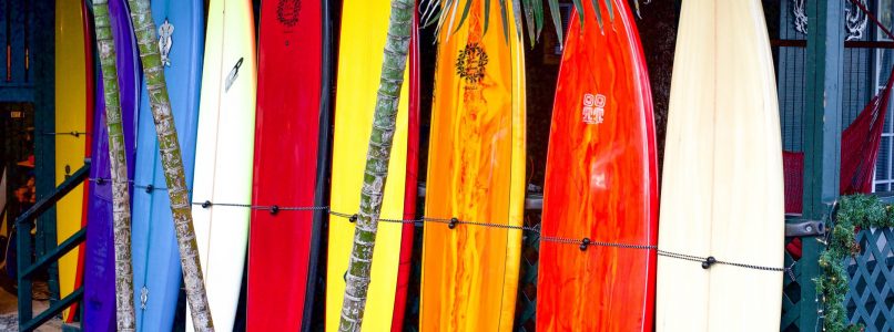 Colorful surfboards on display.