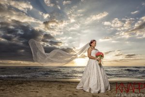Bride on beach at Maria's Beach PR