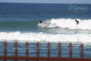 Three surfers on a wave at Maria's Beach, PR