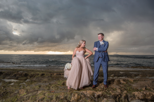 Wedding couple posing on Maria's Beach PR