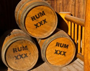 Rum barrels stacked