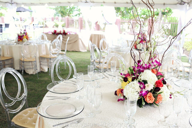 Tables set for wedding reception at Maria's Villa in Puerto Rico