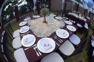 Tables set for banquet at Maria's Villa, PR